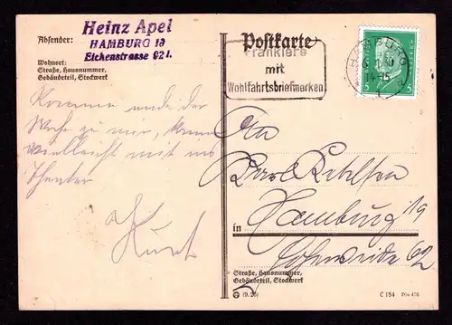 Deutsches Reich  Postkarte von HAMBURG mit Mi. 412 und MWS: "Frankiere mit Wohlfahrtsbriefmarken" - gestempelt: 6.1.30