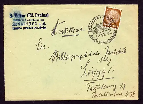 Deutsches Reich Brief von  ESSLINGEN (NECKAR) nach Leipzig - 3.5.39 mit Mi. 513 und OWS:  "Besucht die alte Reichsstadt"