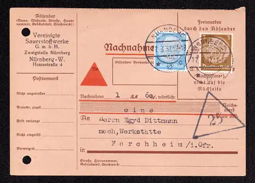 Deutsches Reich Nachnahme-Karte  mit Firmenlochung Perfins !!! von NÜRNBEREG nach Forchheim mit Mi.513,521 von Sauerstoffwerke, gestempelt: 17.3.37