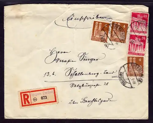 Bauten R-Brief von HERRLINGEN (Württ.) nach Schellenberg Berchtesgaden mit 3x 4 Pf und 2x 24 Pf Bauten in MiF mit Ankunftsstempel  gestempelt  29.10.48