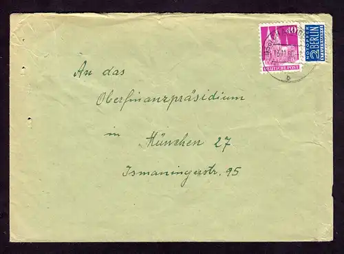 Bauten Brief von CHAM nach München mit 40 Pf III Bauten (PM 1) wg + Notopfer Berlin  gestempelt am 13.11.50