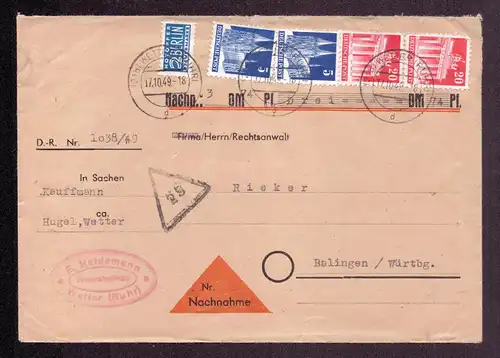 Bauten Nachnahme-Brief  Bauten mit 2x 20 Pf wg, 2x 5 Pf wg und Notopfer Berlin von WETTER (RUHR) nach Balingen   gestempelt  17.10.49
