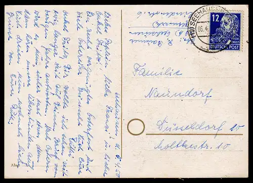 SBZ Postkarte SBZ von SEEHAUSEN nach Düsseldorf mit Mi. 216 (Friedrich Engels) gest.  06.4.50