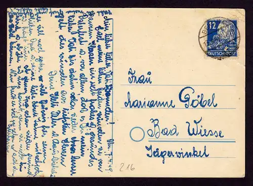 SBZ Postkarte von BERLIN nach Bad Wiessee mit Mi. 216 (Friedrich Engels) gest.  13.4.49