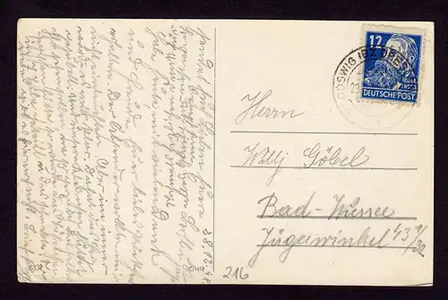SBZ Postkarte von COSWIG (BZ DRESDEN) nach Bad Wiessee  mit Mi. 216 (Friedrich Engels) und Abart: "Bruch Rahmen Ecke links oben" gest.  29.12.48