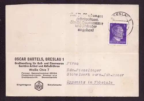 Deutsches Reich Postkarte von von BRESLAU nach Opponitz mit Mi.785 und MWS "Auf Postsendungen Zustellpostamt, Straße, Hausnummer u. Absender angeben !"  gestempelt 29.5.43 -  siehe Scan