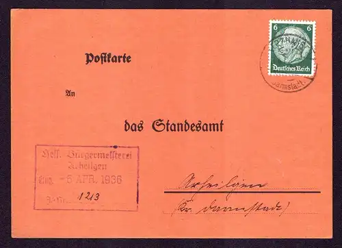 Deutsches Reich Postkarte von ERZHAUSEN nach Arheilgen mit Mi.516  gestempelt: 3.4.36 - siehe Scan