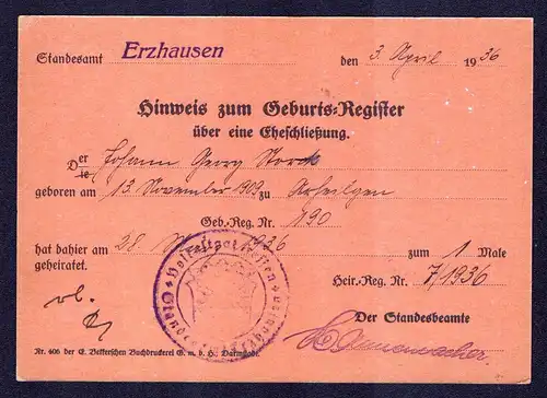 Deutsches Reich Postkarte von ERZHAUSEN nach Arheilgen mit Mi.516  gestempelt: 3.4.36 - siehe Scan