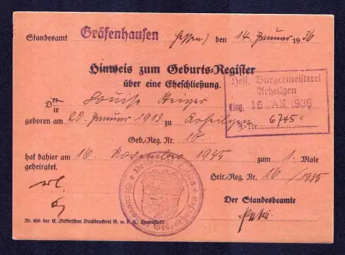 Deutsches Reich Postkarte von GRÄFENHAUSEN nach Arheilgen mit Mi. 516  gestempelt: 14.1.36 - siehe Scan
