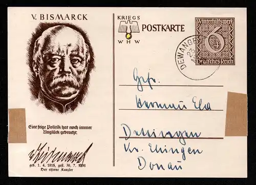 Deutsches Reich Postkarte  P 285 /05 (v.Bismarck) von DEWANGEN nach Dettingen  gestempelt: 23. MRZ 40 - siehe Scan