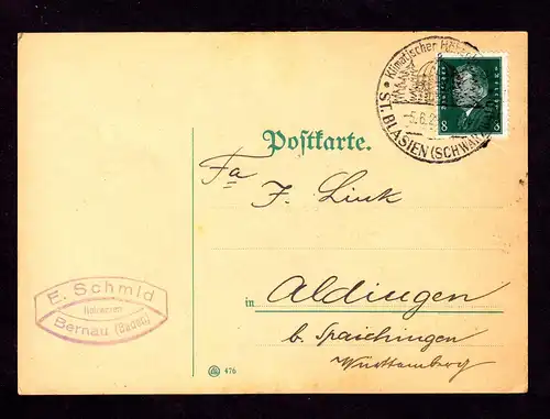 Deutsches Reich Postkarte  ST. BLASIEN (SCHWARZWALD) nach Aldingen mit Mi. 412 und OWS: "Klimatischer Höhenkurort"  gestempelt 5.6.29 - siehe Scan