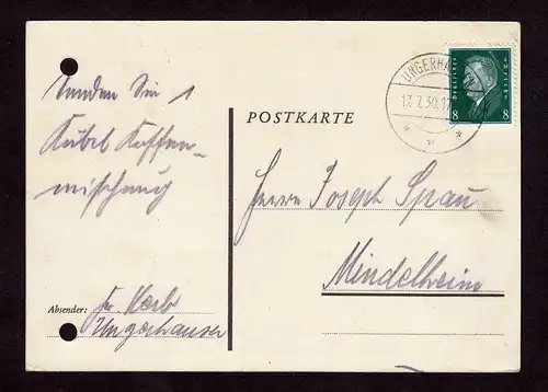 Deutsches Reich Postkarte UNGERHAUSEN nach Mindelheim mit Mi. 412 und netter Werbung von SHELL Benzin  gestempelt 17.7.30- siehe Scan