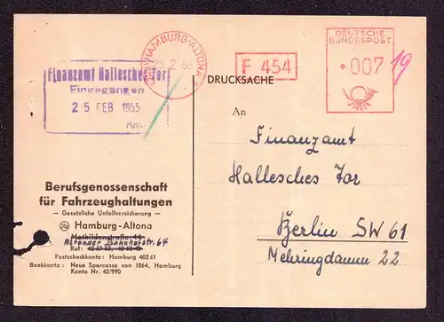 BRD Postkarte von HAMBURG-ALTONA nach Berlin mit AFS: "F 454"  Unfall, Verkehr, Fahrzeug  gestempelt: 23.2.55 - siehe Scan