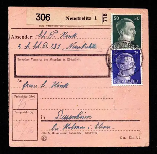 DR Paketkarte von NEUSTRELTZ nach Dessenheim mit Mi.793,796  - gestempelt: 21.9.43
