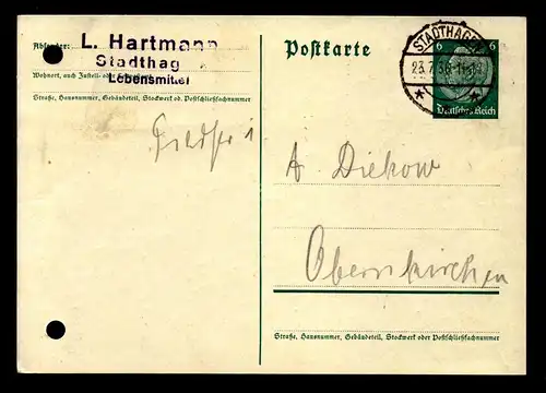Postkarte DR  P225  von STADTHAGEN nach Obernkirchen -  Lebensmittel  - gestempelt:  23.7.36