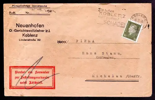 DR  Brief von KOBLENZ nach Michelau mit Mi.517 - Portopflichtige Dienstsache und mit MWS "Sie haben KOBLENZ nicht gesehen ? SCHADE !"  - gestempelt:  8.2.30