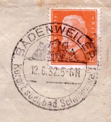 DR  Brief von BADENWEILER nach Rodenbeck mit Mi.466 und Ortswerbestempel: Südl. bad. Schwarzwald  - gestempelt: 12.6.32