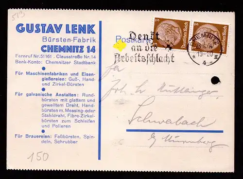 DR  Postkarte von von CHEMNITZ nach Schwabach mit Mi.513 und MWS: "Denkt an die Arbeitsschlacht" von Büstenfabrik  - gestempelt: 23.4.34