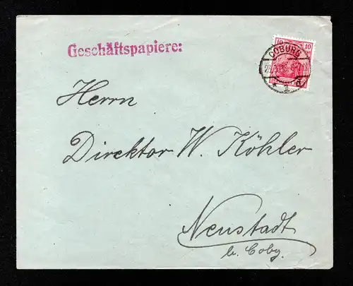 DR  Geschäftsbrief von  COBURG nach Neustadt - gestempelt: 23.3.18 mit Mi.86