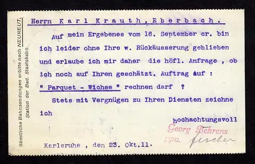 DR  Postkarte von KARLSRUHE (BADEN) 1 - Eberbach - 24.10.11 - Mi.85 - von Lackfabrik an Drogerie