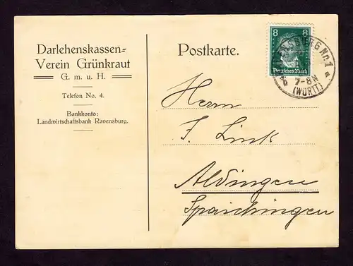 DR  Postkarte von Grünkraut - RAVENSBURG Nr.1 (WÜRTT.) nach Aldingen mit Mi. 389  (Delikatessen)