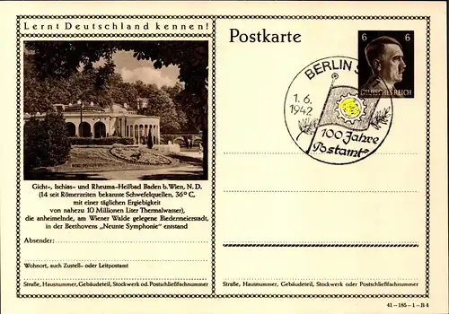 DR  Bild-Postkarte P304 "Lernt Deutschland kennen" - Baden b. Wien - 1.6.1942 - SoSt Berlin SW 11 - "100 Jahre Postamt"