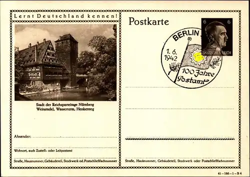 DR  Bild-Postkarte  P304  "Lernt Deutschland kennen" - Nürnberg - 1.6.1942  - SoSt Berlin SW 11 - "100 Jahre Postamt"