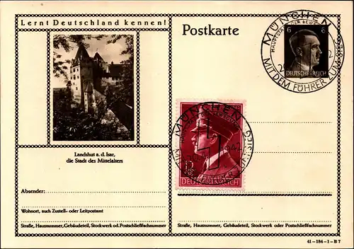 DR  Bild-Postkarte  P304  "Lernt Deutschland kennen" -  Landshut - 20.4.1942 mit Mi.813 - SoSt München - "Mit dem Führer zum SIeg"