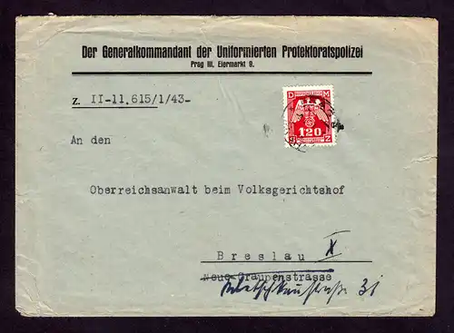 DR Dienst-Brief  von PRAG nach Breslau - 9.X.41 Böhmen + Mähren mit Mi. Dienst 7
