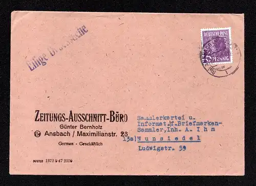 All.Bes. Brief  von  ANSBACH nach Wunsiedel - 269.6.47 mit Mi.944 und aptierter Postleizahl