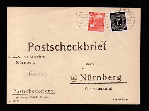 All.Bes. Brief  von  FÜRTH (BAY) nach Nürnberg mit Mi.912,945 Postscheckbrief links beschnitten