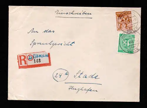 All.Bes. Einschreibe-Brief  von  RIEMSLOH über MELLE nach Stade - 25.5.48 mit Mi.951,936  in MiF+ Ankunftsstempel, provis. R-Zettel