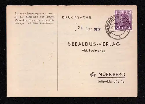 All.Bes. Postkarte von HOMBURG vd HÖHE nach Nürnberg - 22.9.47 mit Mi.944
