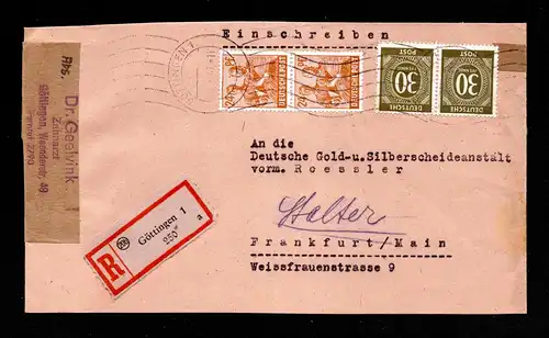 All.Bes. Einschreibe-Brief  - 1947  von  GÖTTINGEN nach Frankfurt aM mit Mi.928,951 in MiF - waag. beschnitten