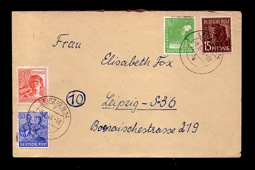 All.Bes. Brief  von LEIPZIG - 8.3.48 mit Mi. 946, 948, 953, 955 in MiF