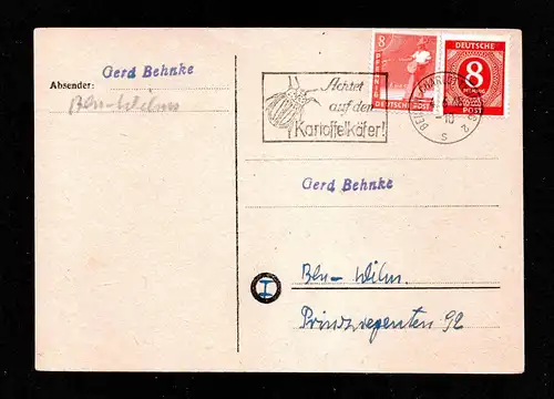All.Bes. Postkarte  von BERLIN-CHARLOTTENBURG nach Berlin-Wilm. 4.6.48 mit Mi.917,945 und Werbestempel Kartoffelkäfer