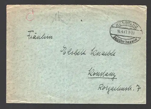 All.Bes. Freistempel KONSTANZ - 16.4.47 - Gebühr bezahlt