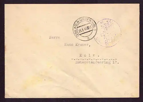 All.Bes. Brief Freistempel von KÖLN-LINDENTHAL nach Köln  25.8.49 - "PORTOFREI"-Stempel 