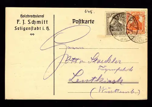 DR Postkarte SELIGENSTADT - Leutkirch - 21.10.18 - Mi.98,99 v. Holzdrechslerei an Sägenwerk