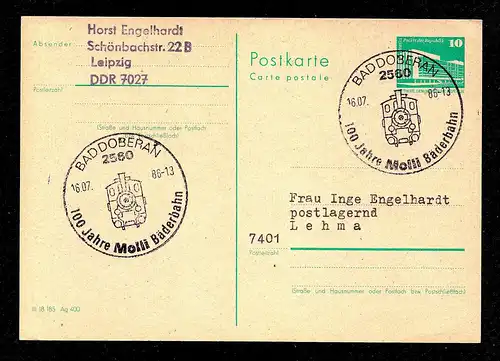 DDR Postkarte - P84  BAD DOBERAN - Lehma - 16.7.85 mitSonderstempel: "100 J. Molli Bäderbahn"