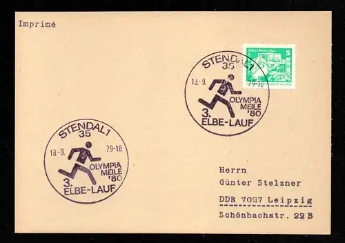 DDR Postkarte - STENDAL - Leipzig  18.9.79 - Mi.1947 - SST: "Olympia Meile 80 - 3. Elbe-Lauf" 1