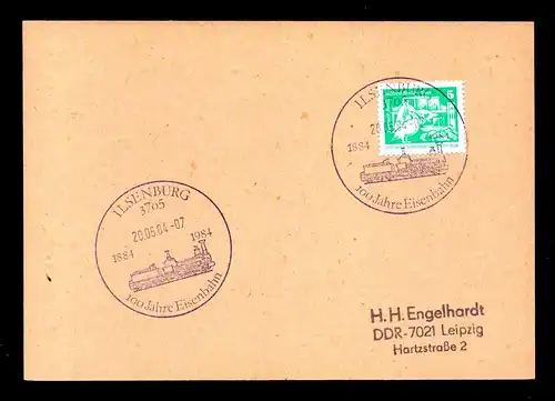 DDR Postkarte - ILSENBURG - Leipzig - 20.5.84 - Mi.1947 mit SST: "100 Jahre Eisenbahn" c