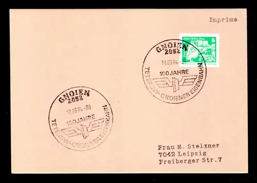 DDR Postkarte - GNOIEN - Leipzig - 19.9.84 - Mi.1947 - SST: "100 J. TETEROW-GNOIENER Eisenbahn"