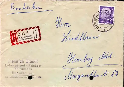 BRD Einschreibe-Brief RHEINHAUSEN-HOCHEMMERICH - Homberg - 11.7.58 - Mi.263 mit Aktenlochung