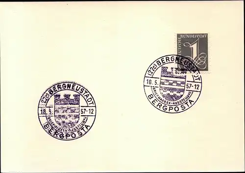 BRD Postkarte  Sonderstempel  BERGNEUSTADT - 18.9.57 - SST Briefmarken-Ausstellung Bergposta