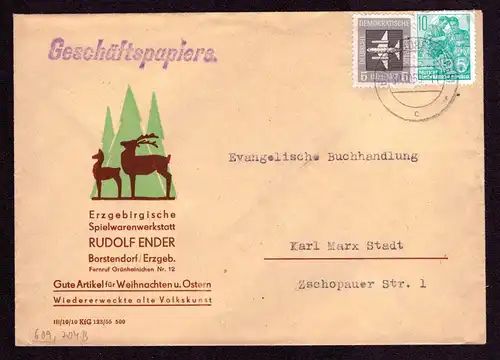 DDR Geschäftsbrief BORSTENDORF (ERZGEB) - Karl-Marx-Stadt - 30.10.59 - Mi.609 Flugpost, 704 B v. Spielwarenwerkstatt Rudolf Ender