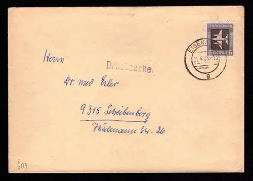 DDR Brief Drucksache ab EISENACH nach Scheibenberg - 01.4.66 - Mi.609 Flugpost (offene Verschlußklappe) in EF