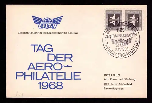 DDR Brief   BERLIN-SCHÖNEFELD -  3.11.68 - Mi.609 - SST Zentralfughafen Tag der Aerophilatelie - Flugpost auf Sonderumschlag