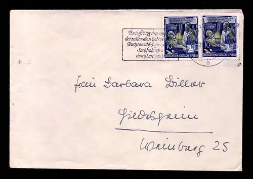 DDR Brief  ab POTSDAM nach Hildesheim - 8.11.55 - Mi.486 und MWS: Unterstützt den Aufbau der nat. Gedenkstätten Buchenwald, Ravensbrück, Sachsenhausen durch Eure Spende