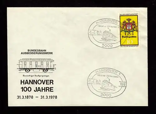 BRD Brief HANNOVER  - 1.4.1978 - Sonderstempel 100 Jahre AW Hannover - Bundesbahn Ausbesserungswerk